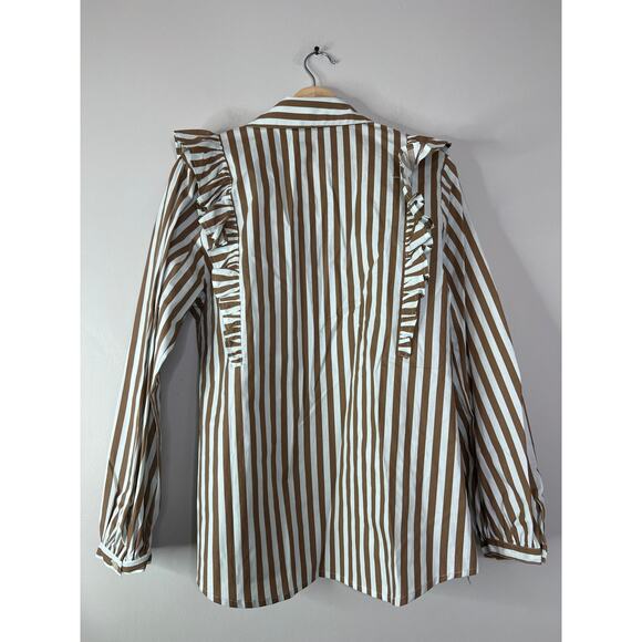 NWT The Femm Long Sleeve Brooke Stripe Ruffle Poplin Blouse Top Brown and Cream - Picture 7 of 8